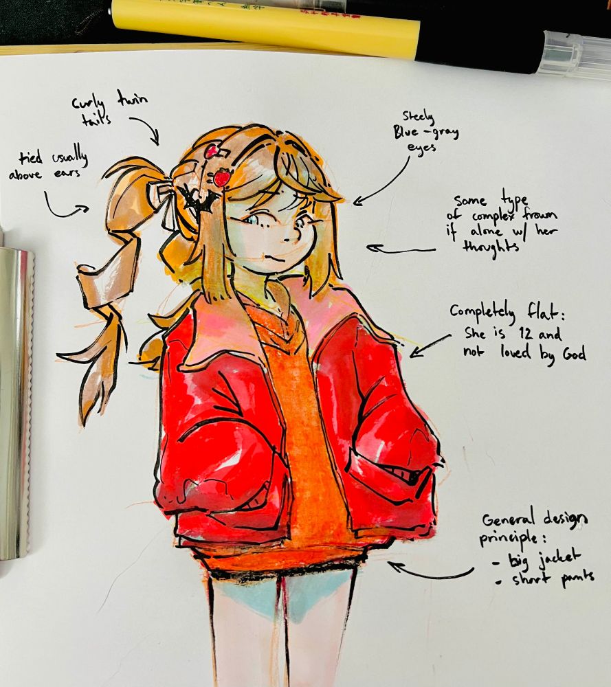 Beth the vampire girl standing in a fairly neutral pose with her hands in her pockets. Red jacket, orange sweater, black mini-skirt. She's looking away with a difficult to read frown.

The notes around the drawing read:
- Curly twin tails, tied usually above the ears
- Steely blue-gray eyes
- Some type of complex frown if alone w/ her thoughts
- Completely flat [chest]: She is 12 and not loved by God.
- General design principle: big jacket, short pants.