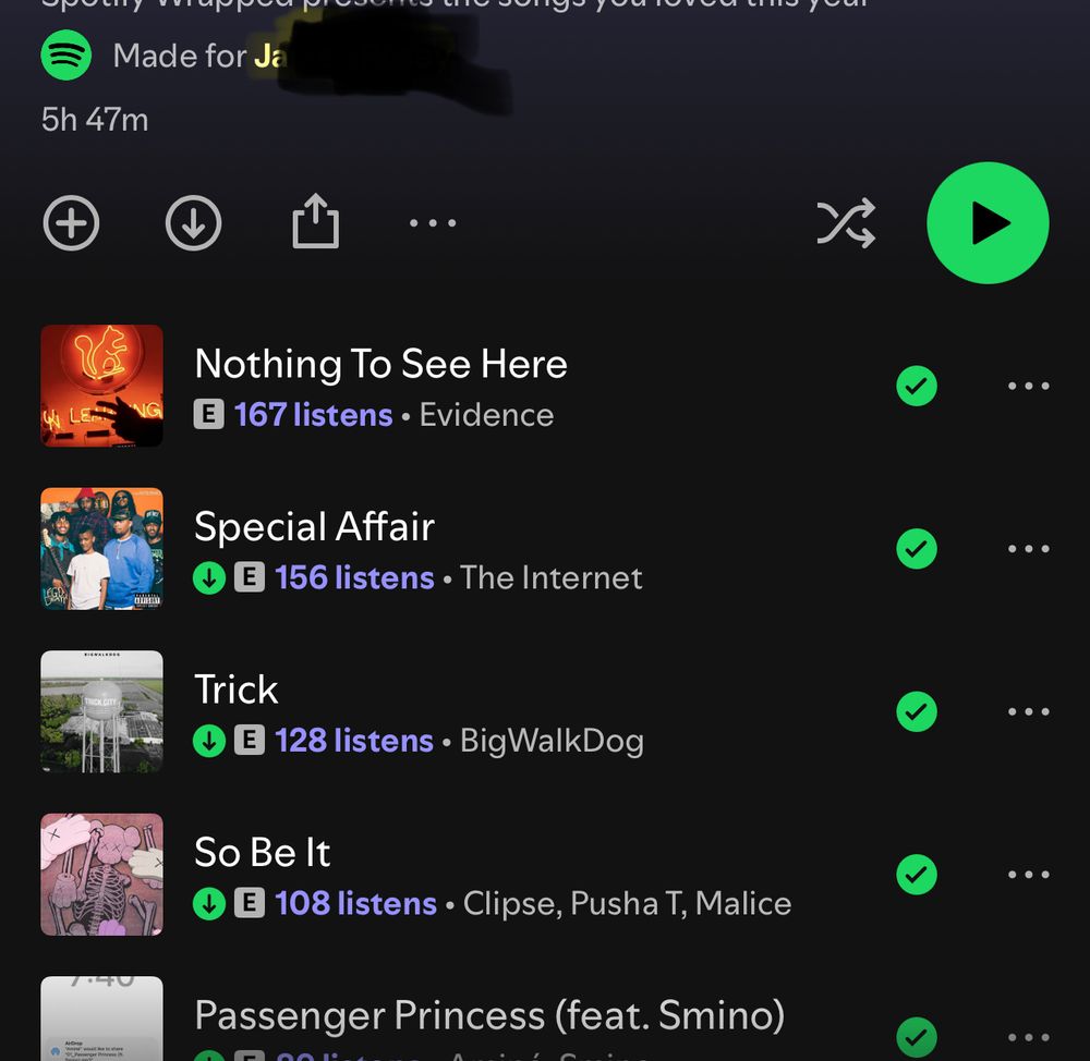 List of most played songs 
Nothing to See Here - Evidence
Special Affair - The Internet
Trick - BigWalkDog
So Be It - Clipse
Passenger Princess - Amine ft Smino