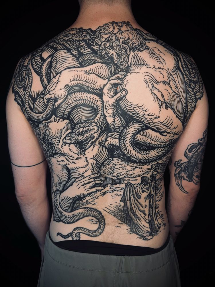Dylan’s back piece, collage and drawing for the conception of the design. Mix of Gustave doré’s details of plates. 6 sessions of tattooing. 