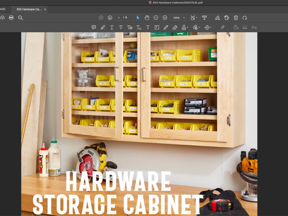 Image of a page from an upcoming issue of WOOD magazine being edited. It features a photo of a shop cabinet filled with yellow hardware bins holding a variety of hardware. Only one bin in the top right corner is empty.