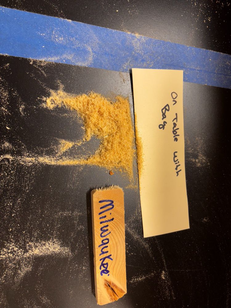 A detail shot of a testing procedure for a cordless mitersaw showing how much sawdust was left behind after cutting when using the saw's dust bag. The label "Milwaukee" is marked on a scrap of wood and a placard reading "On Table With Bag" sits next to the gathered up pile of sawdust denoting how much dust remained on the worksurface after the cut.
