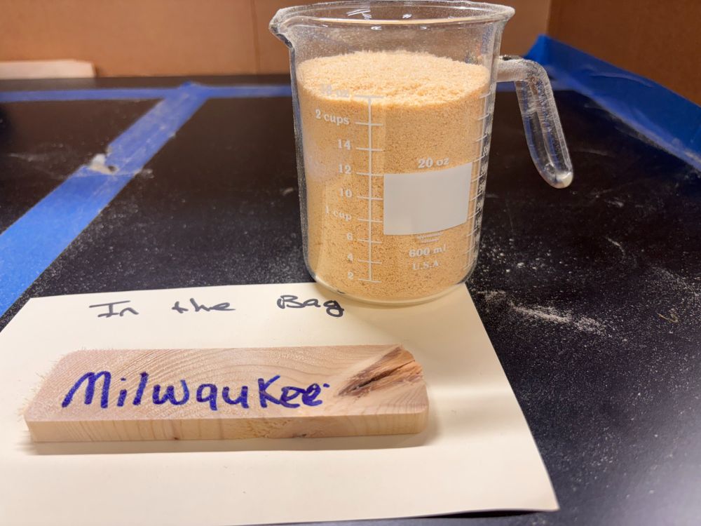 A detail shot of a testing procedure for a cordless mitersaw showing how much sawdust was in the saw's dust bag following cutting. The label "Milwaukee" is marked on a scrap of wood and a placard reading "In The Bag" sits next to a measuring cup holding the debris measuring how much dust was collected by the bag during the cut.