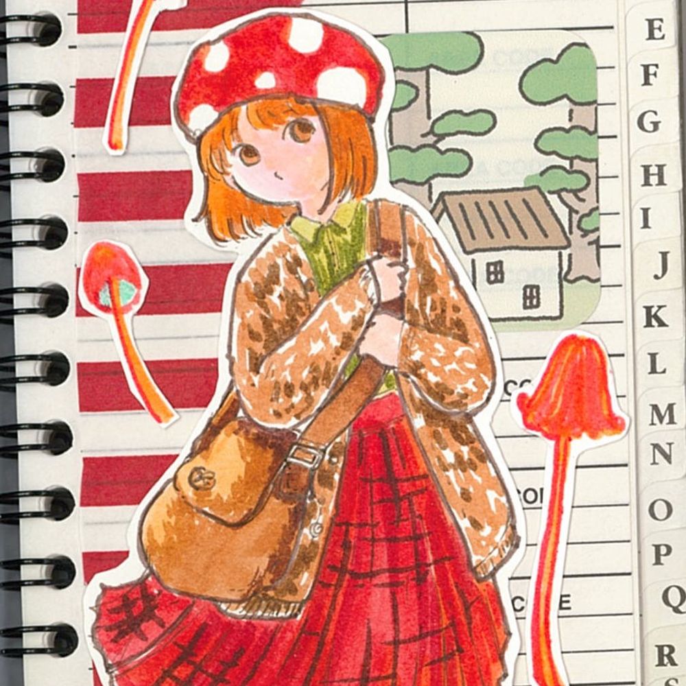 a collage piece showing a girl in brown cardigan with red skirt