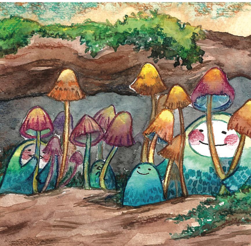 a watercolor illustration of cute greenish characters standing in the log amongst a bunch of mushrooms