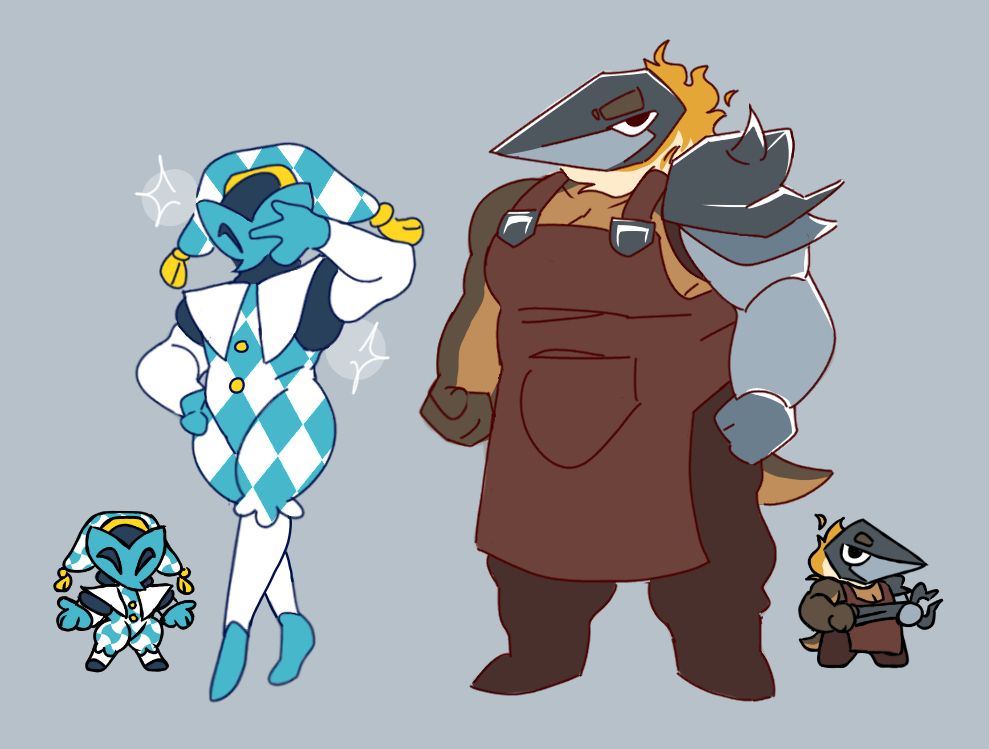 a drawing of two characters; on the left is a slim figure dressed like a jester and wearing a harlequin mask, on the right is a taller figure wearing an apron, pauldron and metal helmet