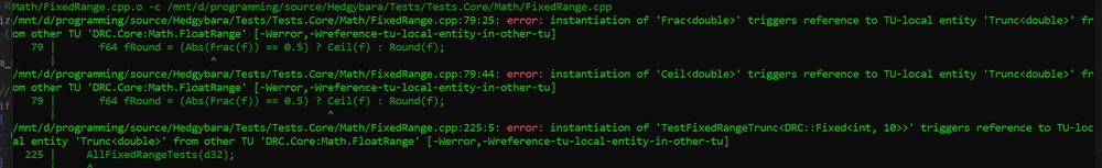 Screenshot of multiple warnings (errors) of the form "Instantiation of <function> triggers reference to TU-local entry <other function> from other TU"