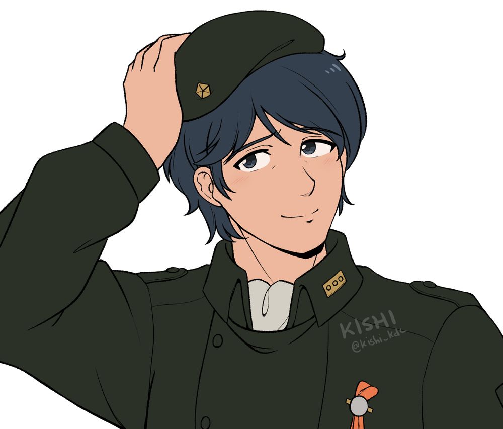 In progress drawing of Yang with his hand of his beret and a lazy smile