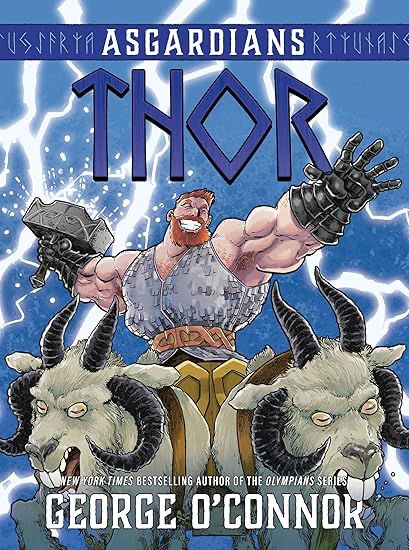 Against a blue background with lightning streaks across it, Thor rides a chariot pulled by manic-looking goats. His right hand sports an armored glove, his right hand wields his hammer. The title "Thor" is centered above his head in Norse rune font