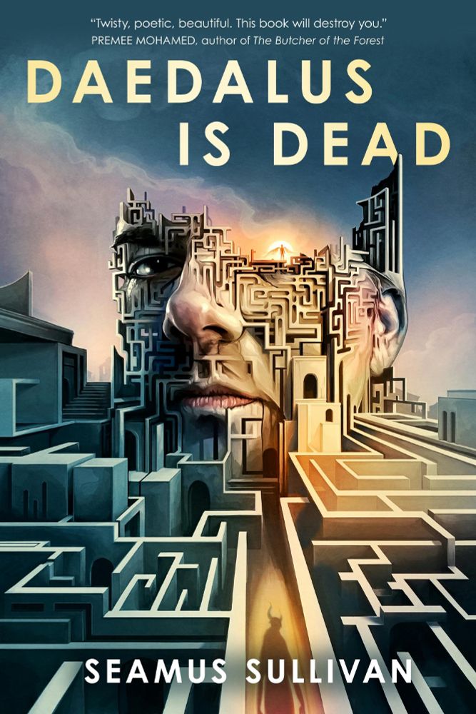 the bottom half is a maze/labyrinth with a shadow of a minotaur in the central corridor. The maze seems to end in a head that take up most of the middle of the cover. The head itself seems to be formed out of the maze, with a prominent mouth, partial nose, and one eye and ear and the rest of the face made up of similar corridors as the maze below the head. The head itself is cut off just above the eye. A sun shines just over the jagged line where the head is cut off and a winged figure stands before the sun, backlit by it. The title, Daedalus Is Dead, floats above the sun and a bit of cloud above the sun. The author's name, Seamus Sullivan, is at the very bottom of the cover.