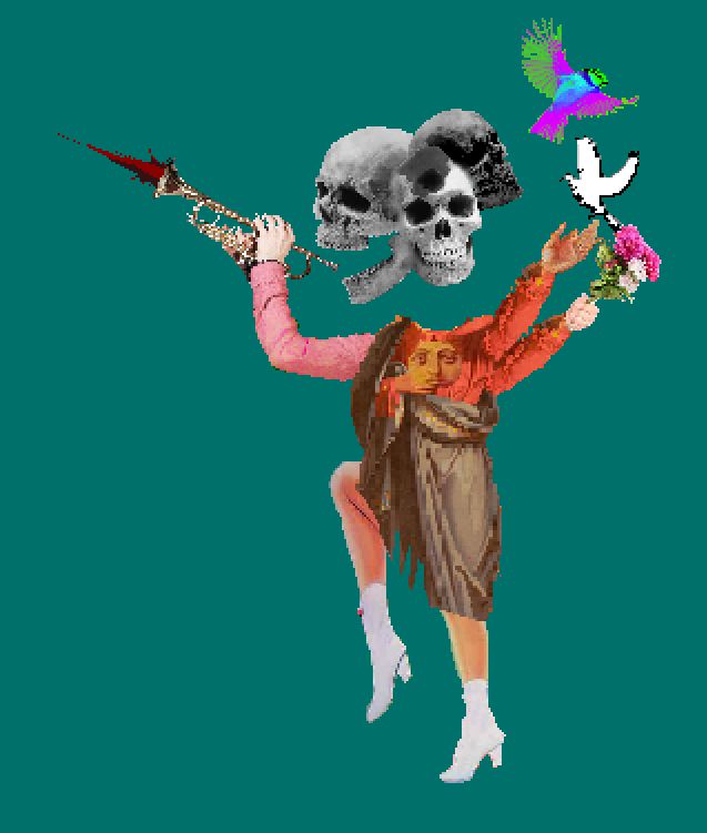 old/Weaker variant, has yet to fester in the minds of a new society.
Minstrel of Hedonism. fused skulls (left,  center, right) with hole in the middle skull. left-most hand holding same trumpet shooting blood from end of instrument. right most hands holding flowers and reaching for fake birds. body of christ with hands to chest with legs of cheerleader
