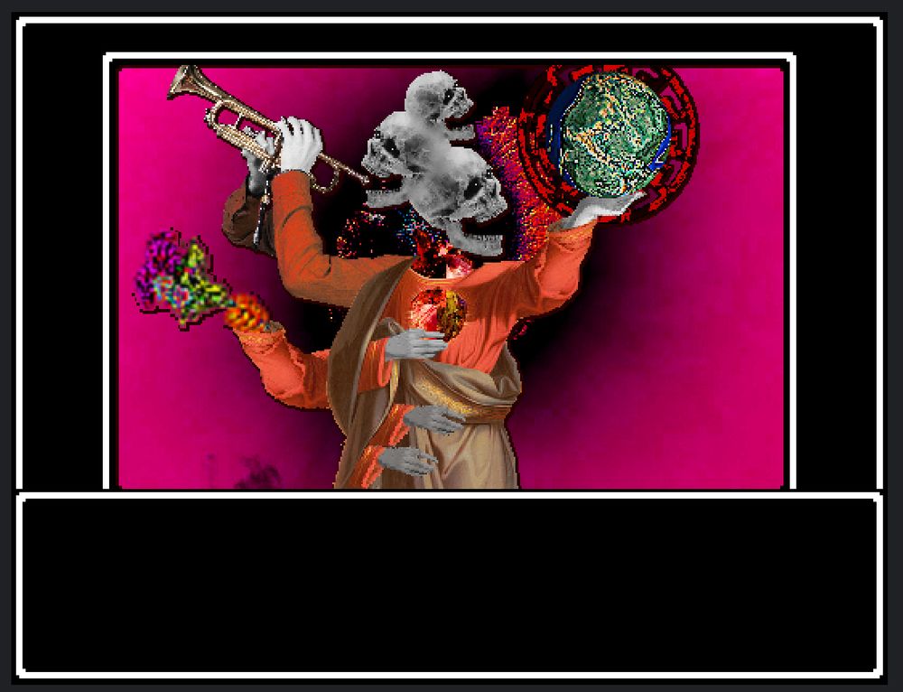 new/stronger memtic influence version, Galt's Prophecy.
fused stacked skulls held up my mashed together rotting heart.
left arm 1 holding a trumpet, secondary lower left hand blurred and mangled hand holding roses. Right-most arm holding up inverted globe depiction of pangea with black sun behind it (playing off nazi dogwhistles of returning to the "old days" etcetera).