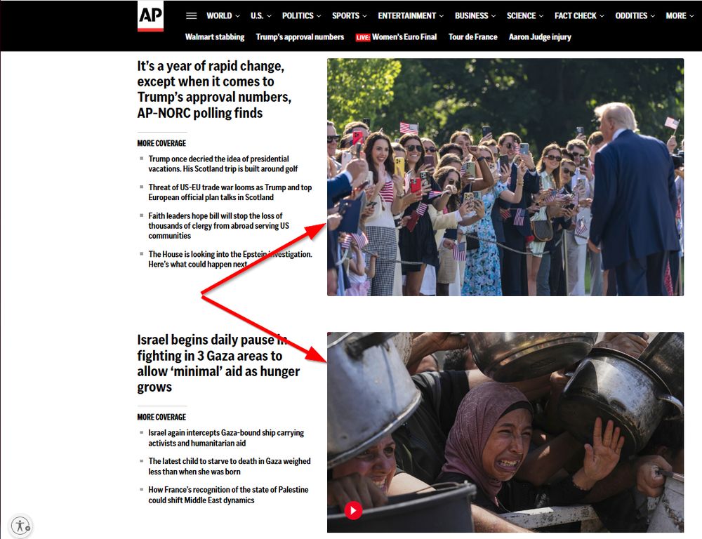 A snapshot of a portion of the Associate Press's homepage on 7/27/2025, showing various two pictures: one of tRump and a crowd of young supporters. Another shows a crowd of upset people in Gaza holding pots, clambering to get food.