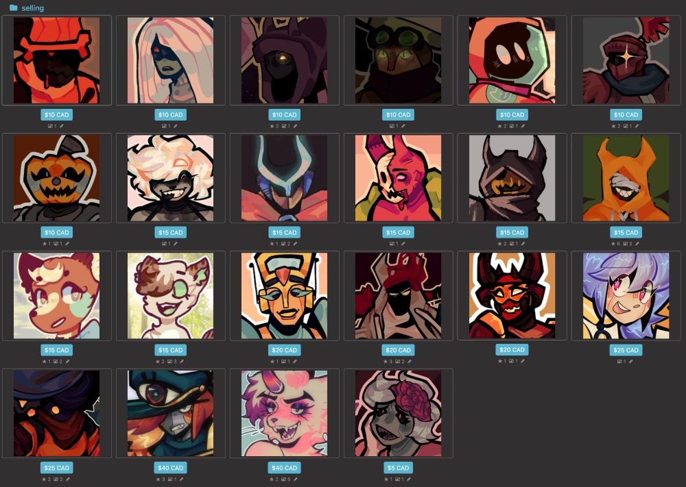 various character listings on the website toyhouse. there is a price listed underneath each thumbnail icon