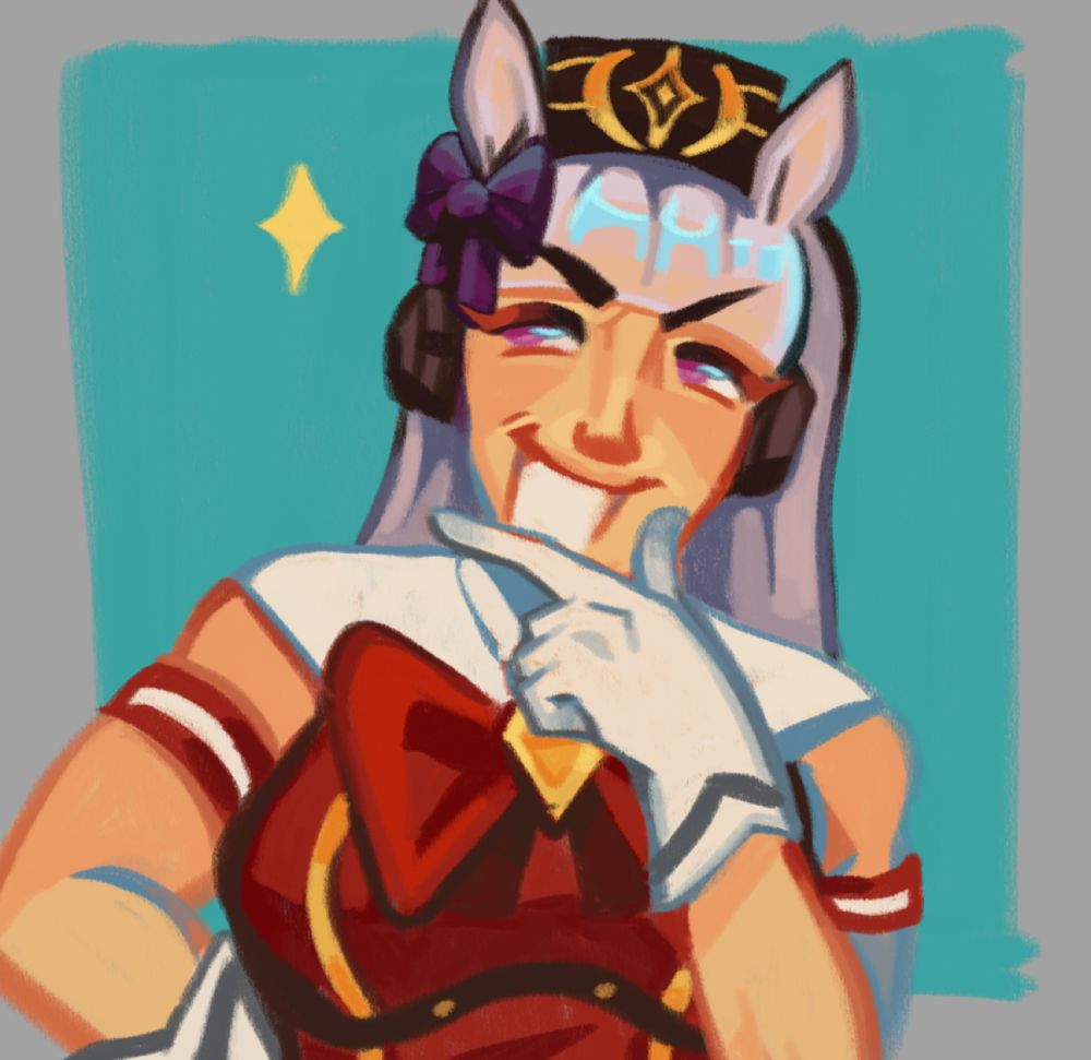 illustration of gold ship from uma musume in her signature red racewear. she is smirking and looking off to the side.