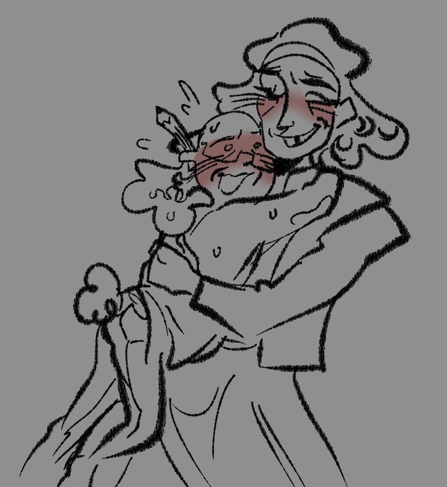 drawing of thespius from great god grove holding click clack with a soft smile. click clack is clinging onto thespius and blushing with a nervous smile
