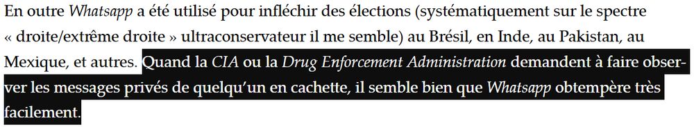 Extrait du texte de Richard à propos de WhatsApp ou il est mentionné "Quand la CIA ou la Drug Enforcement Administration demandent à faire observer les messages privés de quelqu’un en cachette, il semble bien que Whatsapp obtempère très facilement."