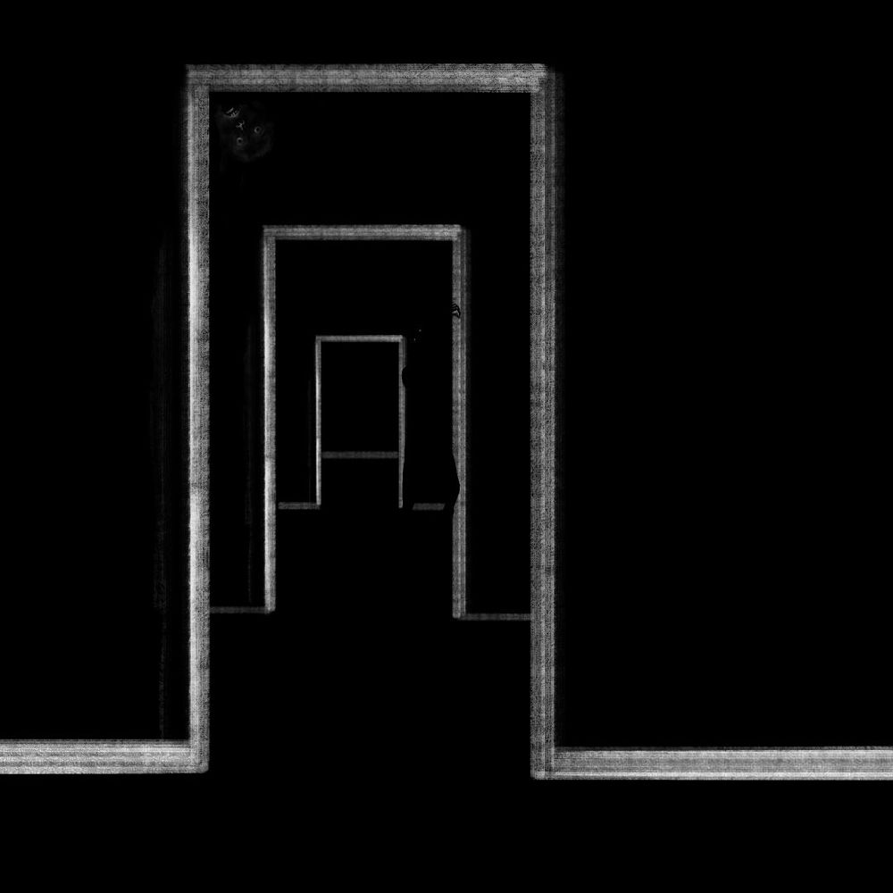 Sequence of 3 concentric open doors, each opening to a new dark hallway. Undefined silhouetes can be seen peeking from the corners of the first two doors.
This description is probably scarier than what is actually depicted.