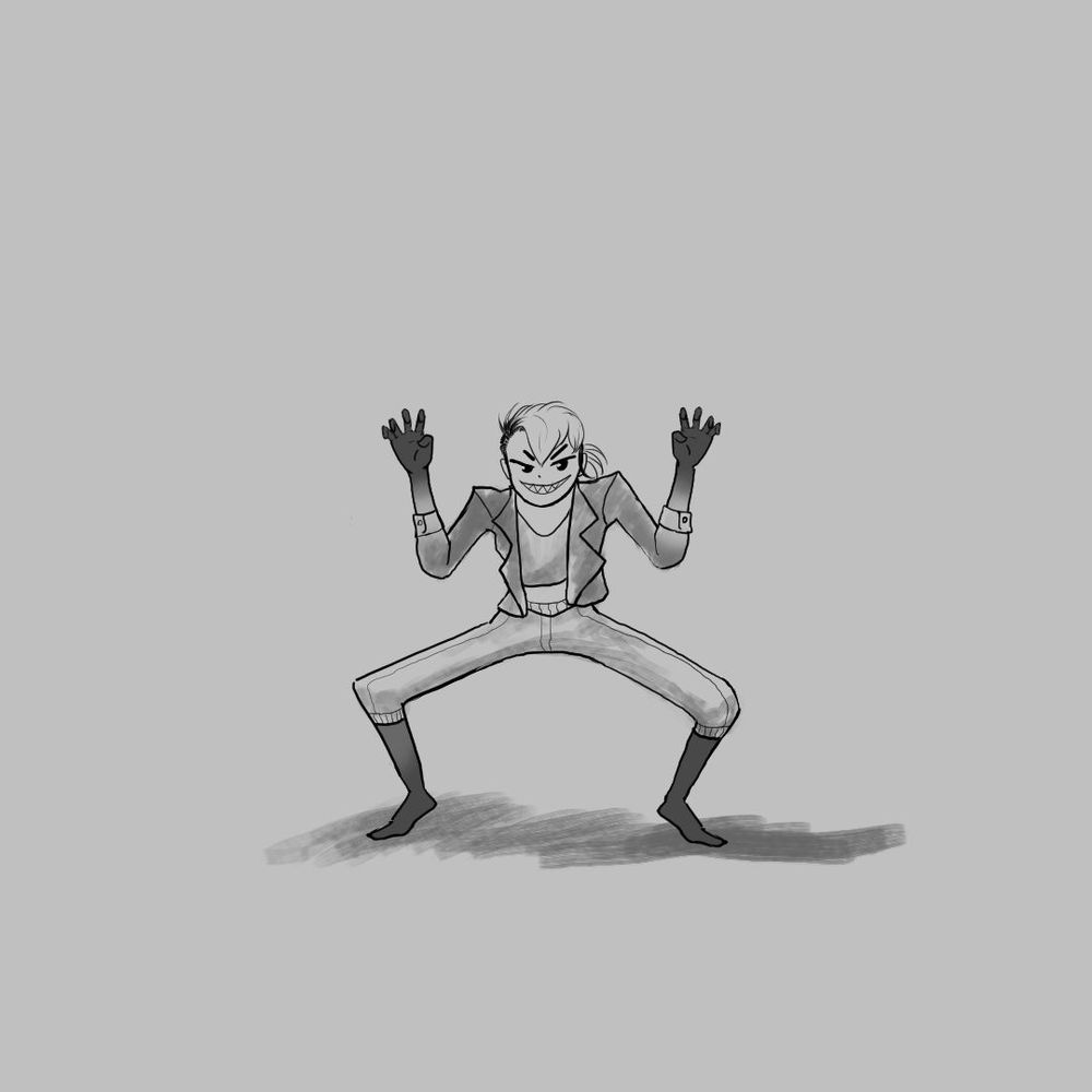 A spindly girl with a wide grin getting ready to pounce and grab something. She is looking directly at the camera, crouched in a wide stance and hands ready in a claw grip. Seems absolutely unserious but motivated.