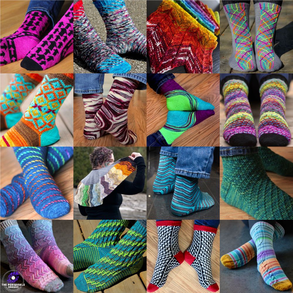 Collage of sixteen colourful knitted items (fourteen pairs of socks, one shawl, and one scarf).