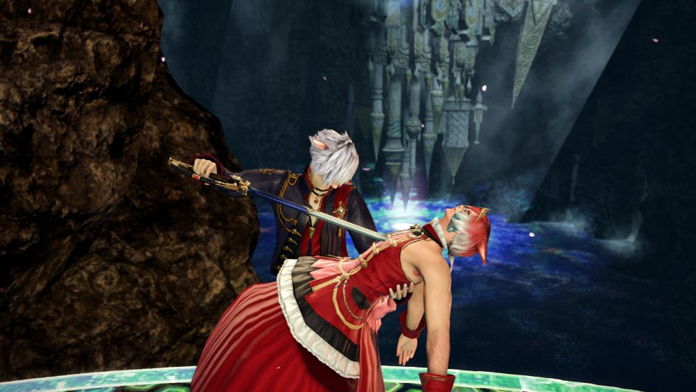 Catboy holds Exarch in his arms in front of upside-down castle and pulls a rapier from Exarch's chest.