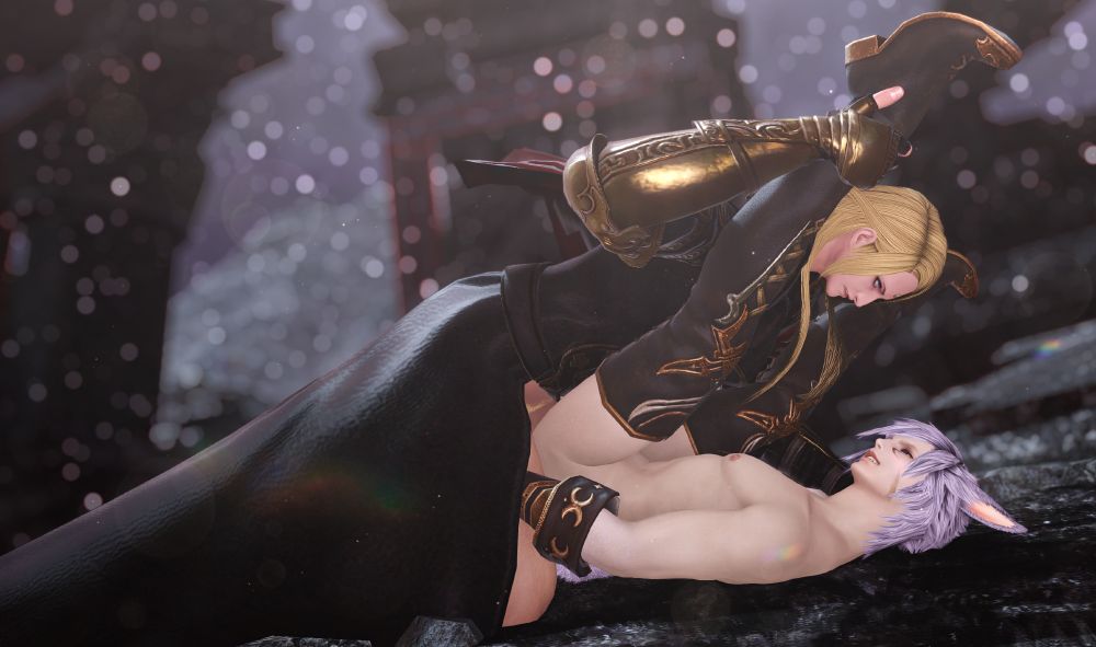 Catboy and Zenos have swapped bodies in Garlemald. Catboy in Zenos's body angrily presses a grinning Zenos in Catboy's body in half and into the ground in the snowy ruins to fuck him.