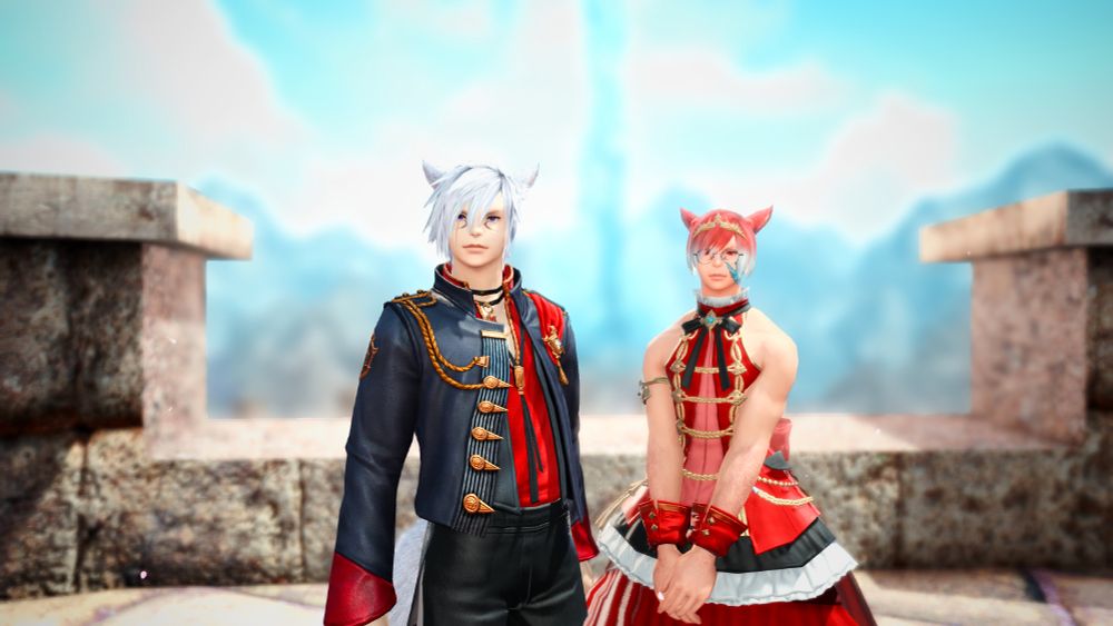 Catboy and Exarch in sleeveless red rose bride outfit and round glasses stand together on the platform at the top of the stairs.