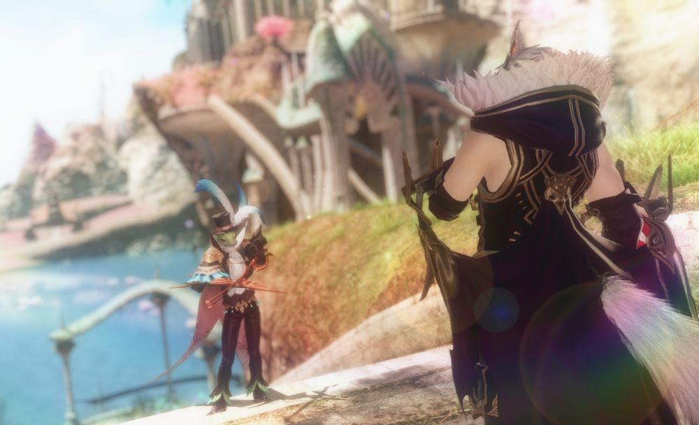 Catboy in black, gold, and red mage robes encounters a handsome frog fae at the stairs leading down to the water in Il Mheg.