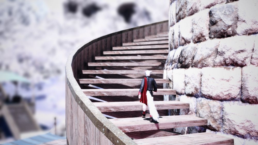 White haired catboy in black and red duelist outfit walks up a white spiral staircase. ZETTAI UNMEI MOKUSHIROKU
