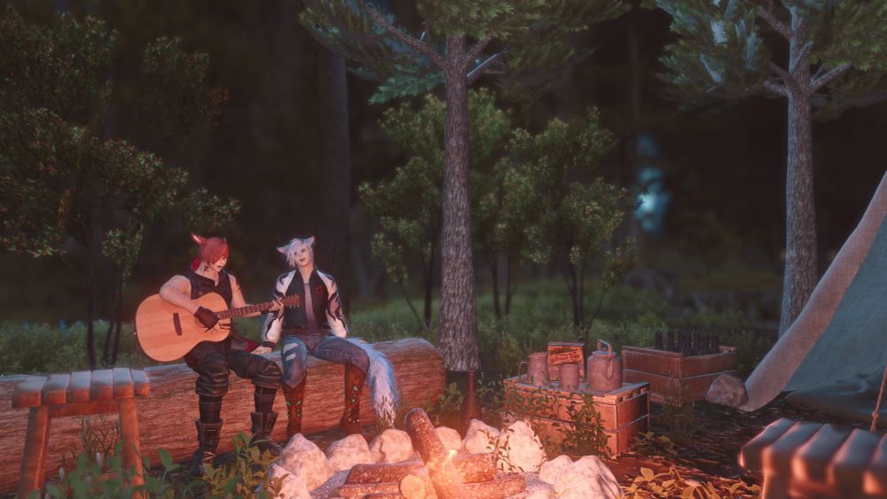 White haired catboy and G'raha in casual cothes, sitting next to each other at a campfire in the Shroud at night. Gr'aha is playing an acoustic guitar and both are singing.