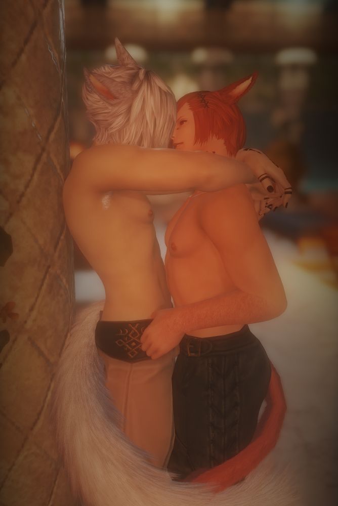 White haired catboy and G'raha in sandstone bath house. Catboy is pinned against a stone pillar, his arms around G'raha's neck and his tail curling around their bodies. G'raha pulls catboys hip closer by the waistband on his pants.