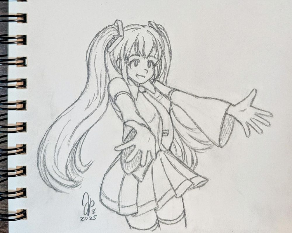 An anime-style pencil drawing of Hatsune Miku, a young woman with very long hair tied in twin ponytails, wearing a shoulderless top with long detached sleeves, a neck tie, and a miniskirt.  Viewed at an angle, she's looking ahead with arms held out in front of her and hands open wide, with a smile on her face.