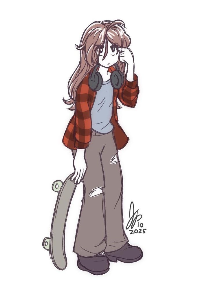 A drawing of my original character Ceilidh, a young woman with long hair that's somewhat disheveled and falling in her face.  She's standing slouched, with a skateboard hanging from one hand.  She's wearing a red plaid unbuttoned shirt over a T-shirt, baggy jeans with some tears in them, large boots, and some prominent headphones hanging from her neck.  Her expression is one of tired annoyance.