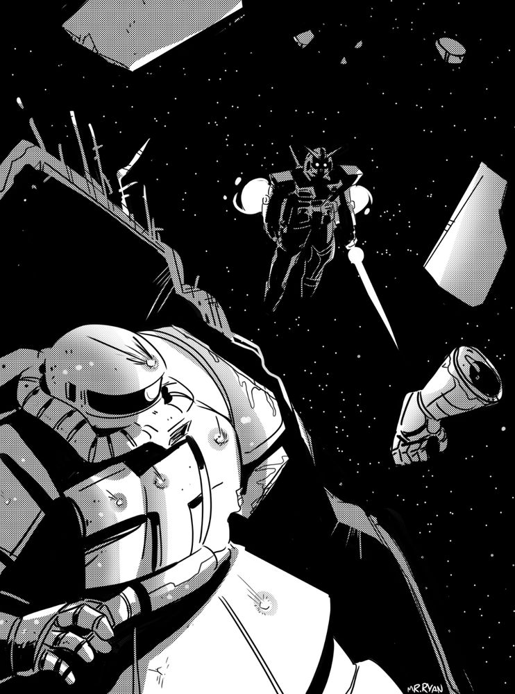 an armless Zaku mobile suit hiding behind some debris in the vacuum of space. its arm is floating nearby, while a Gundam hovers menacingly in the distance, beam saber drawn