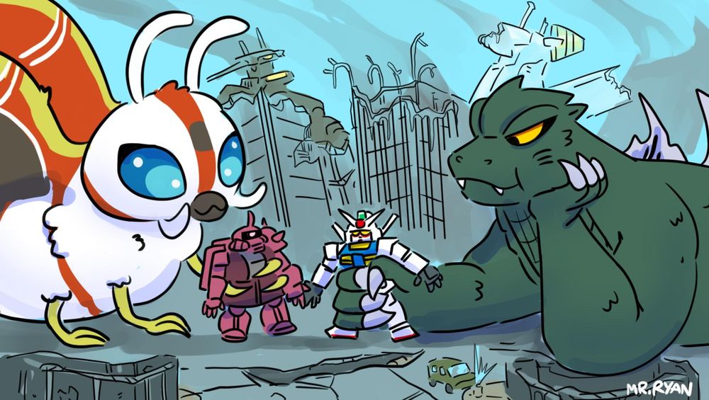 a digital drawing of Mothra and Godzilla playing with a Zaku and Gundam Mobile Suits, respectively, as though they were toys. plumes of smoke lazily billow from a wrecked city in the distance