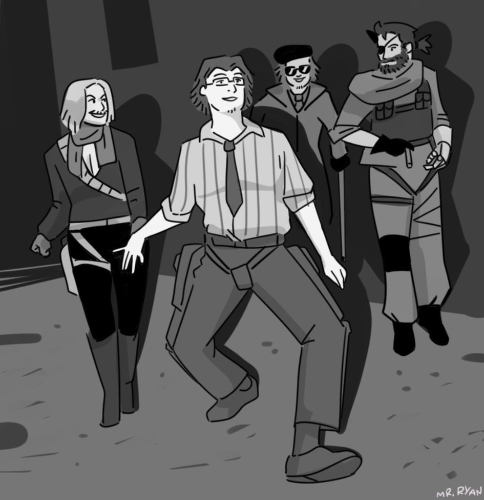 characters from MGSV drawn like that picture of John Lennon walking like an idiot. Most notable is Huey Emmerich walking like John Lennon and Revolver Ocelot cheerfully smiling behind him like Yoko Ono 
