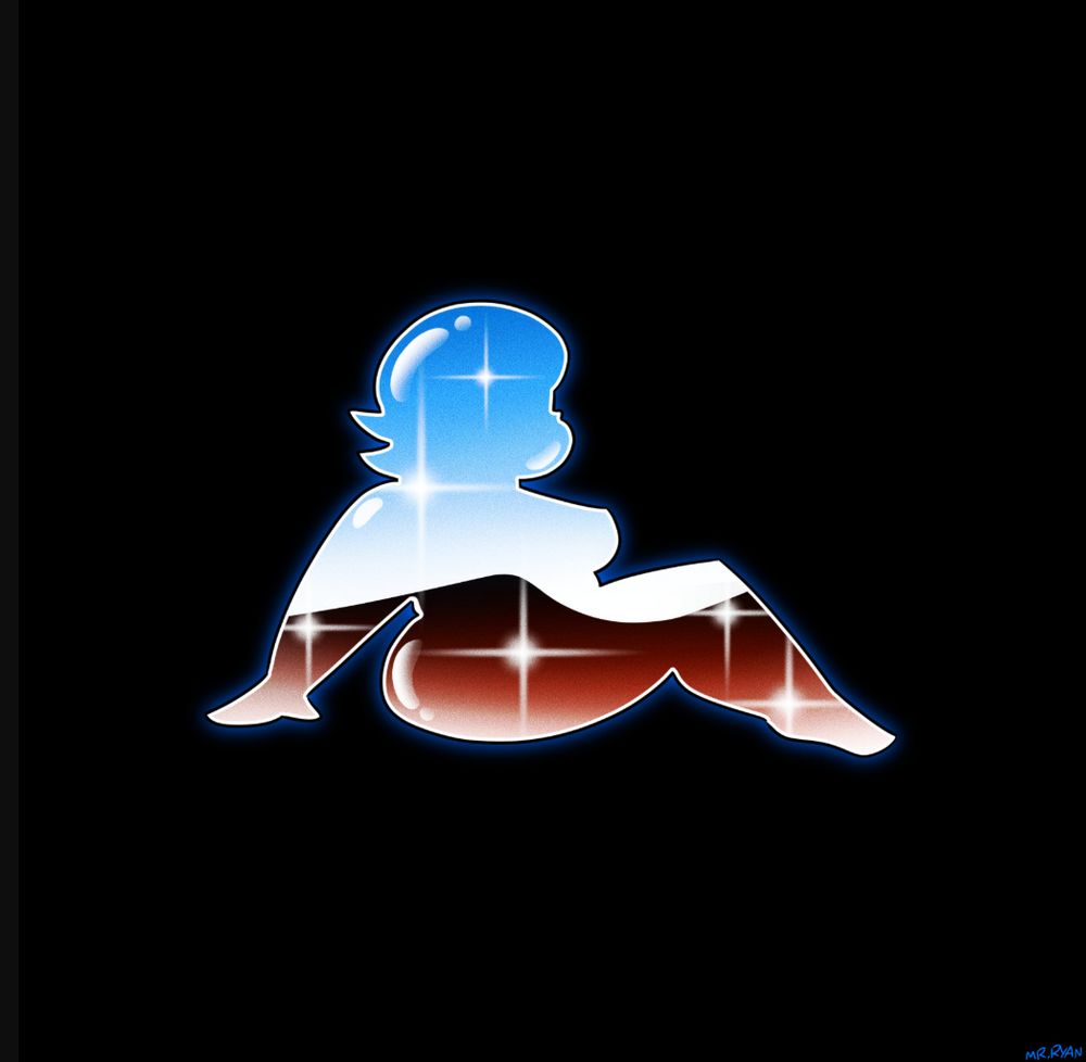 cortney's silhouette drawn to like a classic mudflap girl that you would see on a truck. there is a chrome texture to her silhouette 