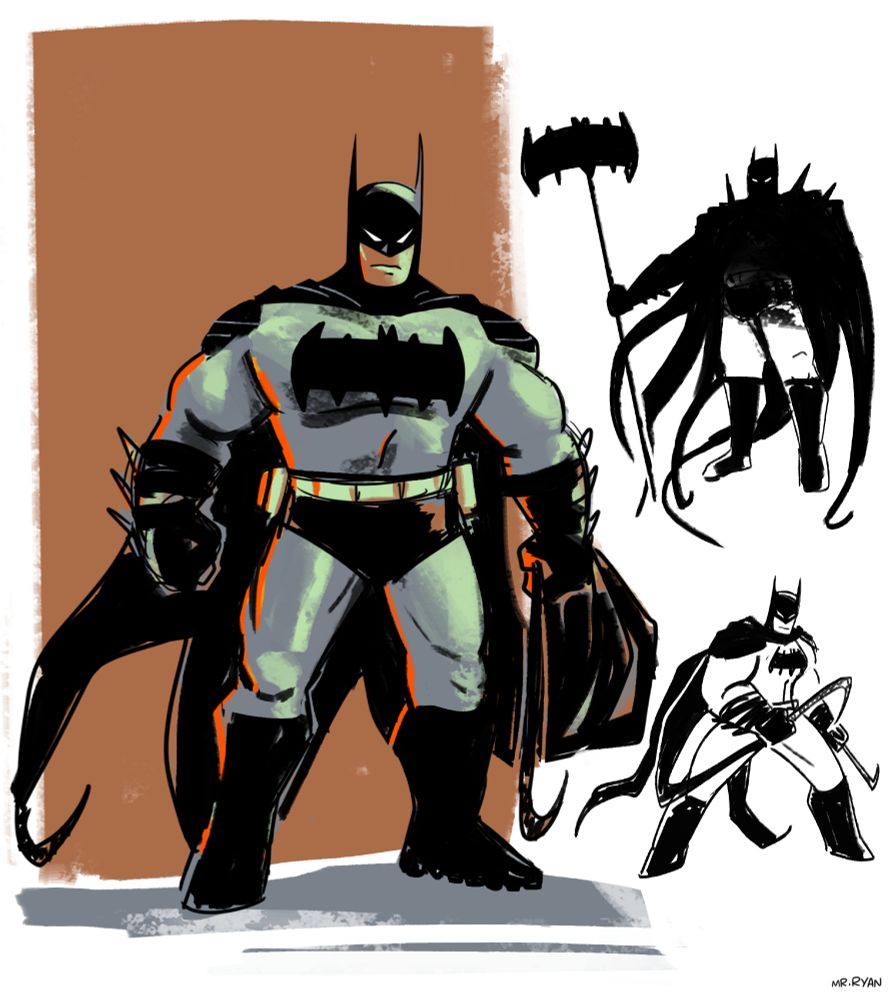 three loose digital drawings of absolute batman
