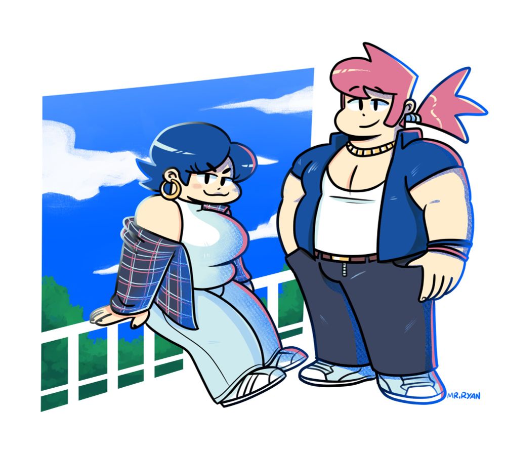 cortney and benny standing in a blank background in front of a window overlooking an open sky and some trees. The window is carved out of the negative space of the background. cortney is wearing a sleeveless turtleneck with a flannel shirt on top of it. benny is wearing a low cut shirt with an open shirt on top of i. both are wearing jeans and sneakers. 