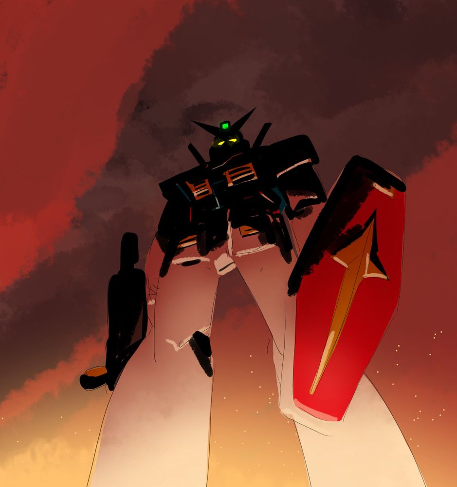 the RX-78-2 Gundam standing imposingly above the fiery glow of destruction, its upper half cloaked in shadow. It's glowing eyes pierce the darkness. 