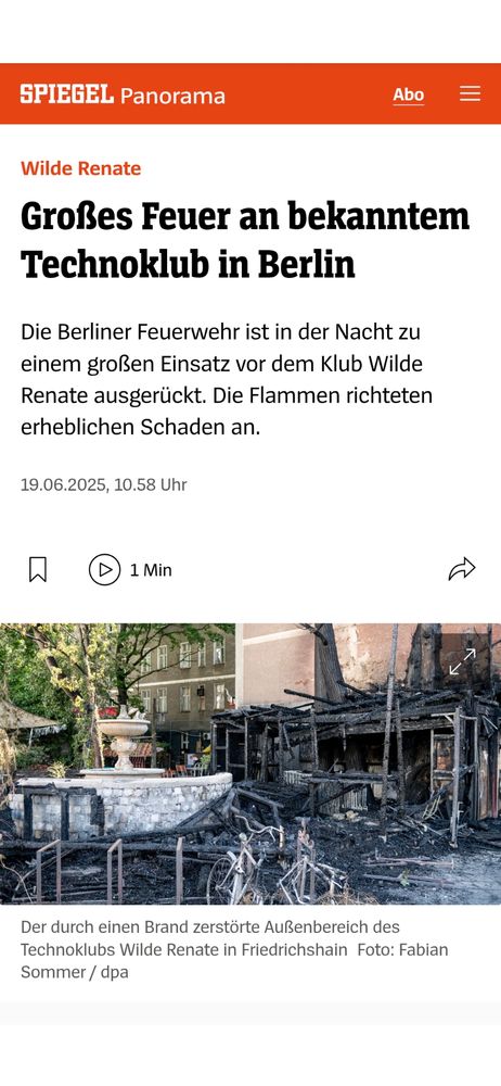 Bild zeigt den Screenshot eines Artikels auf Spiegel Online mit dem dem Titel "Großes Feuer an bekanntem Technoklub in Berlin" inklusive eines Bildes des abgebrannten Außenbereichs des Clubs Salon zur Wilden Renate 