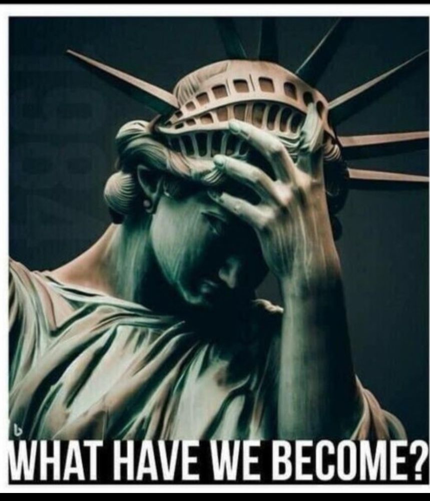 Statue of Liberty with head in hands asking “what have we become?”  