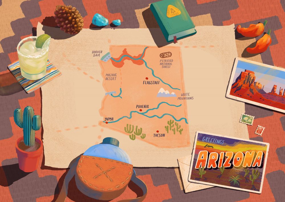 An illustration of a simplified map of the state of Arizona, laid on a colourful mat and surrounded by Arizona themed objects including postcards, a water canteen, a small cactus, some chilli peppers, pieces of turquoise, and a pine cone. 