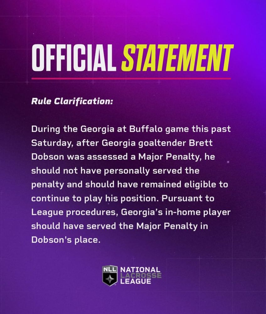 During the Georgia at Buffalo game this past Saturday, after Georgia goaltender Brett Dobson was assessed a Major Penalty, he should not have personally served the penalty and should have remained eligible to play his position. Pursuant to League procedures, Georgia’s in-home player should have served the Major Penalty in Dobson’s place. 
