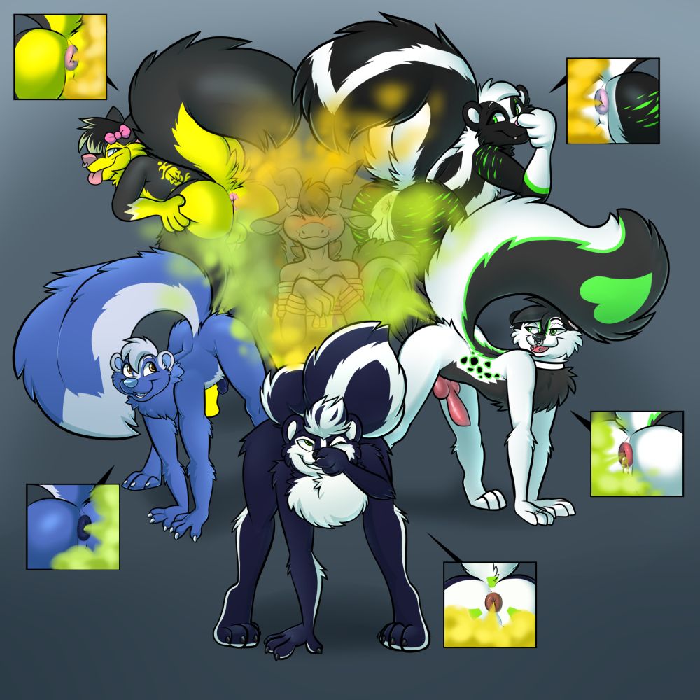 Front Skunk: https://www.furaffinity.net/user/stripedreeko
Left Skunk: https://www.furaffinity.net/user/shawlend-herwey
Right Skeen: https://www.furaffinity.net/user/~nox~
Top Left skusky: https://bsky.app/profile/spritzskusky.bsky.social
Top Right skunk: https://www.furaffinity.net/user/ravickskunk
