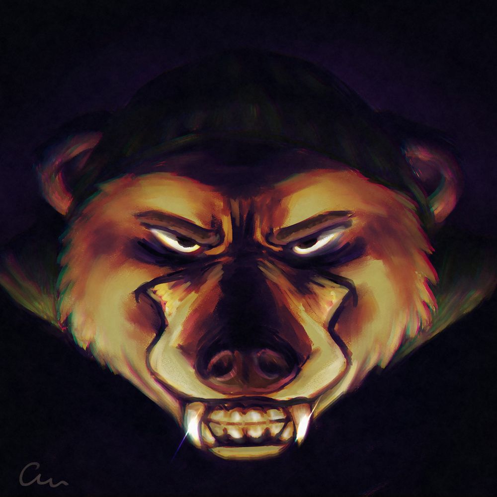 Ochre looking at the viewer with a devious and threatening smile.