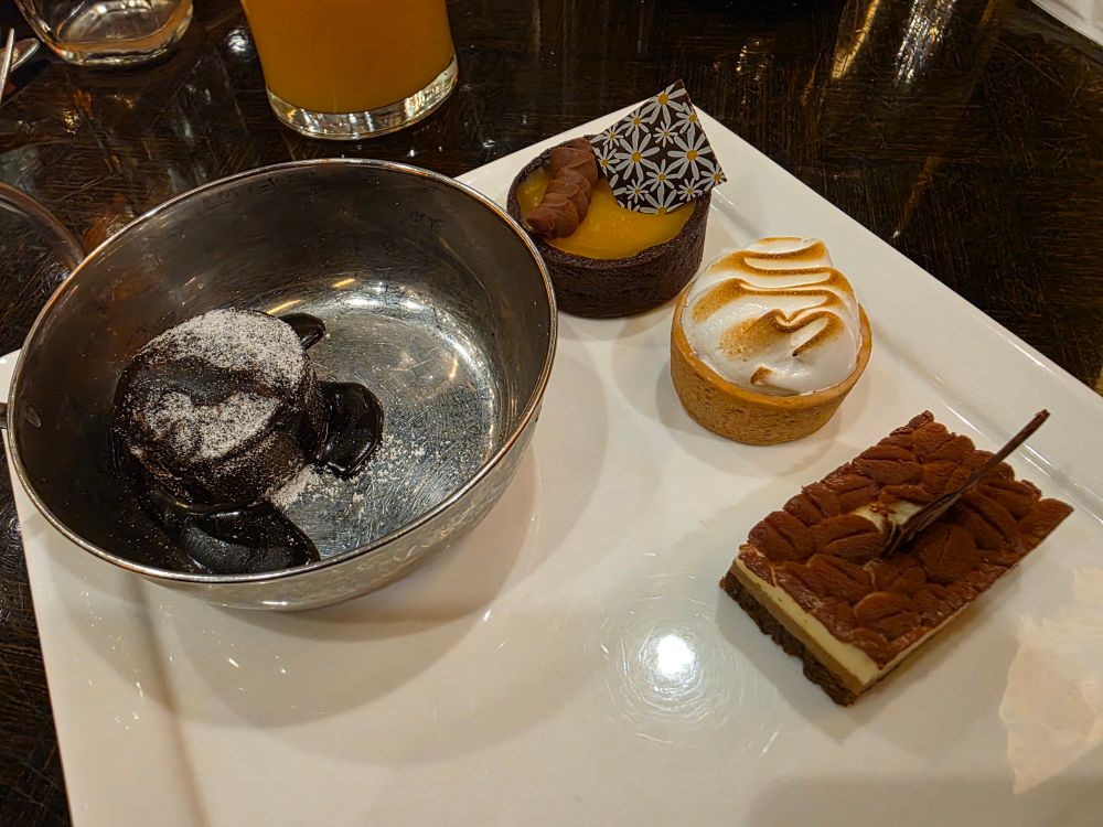 Tiramisu, egg lemon tart, chocolate tart, lava cake