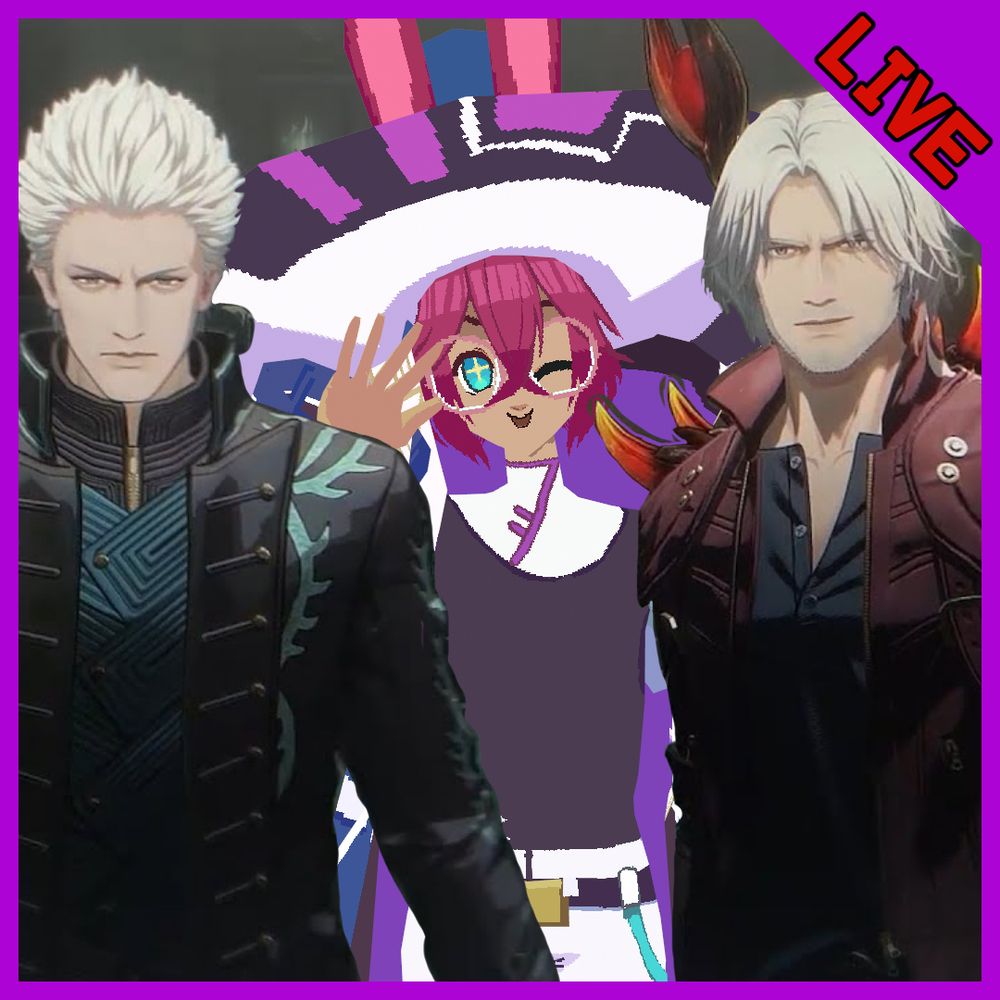 DMC5 designs of Dante and vergil looking forward and TerraMiiso and behind them waving hi with a wink