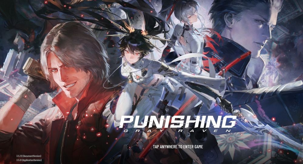 Punishing Gray Raven login screen featuring Dante and Vergil from DMC and Lucia and Alpha from Punishing Gray Raven