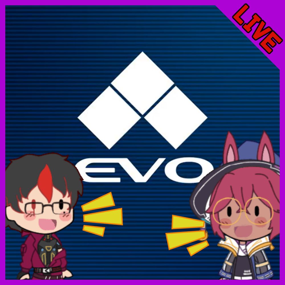 Evo Logo with a blue background. Corina and I have cute chibi versions of our characters with sound VFX to indicate that we're talking