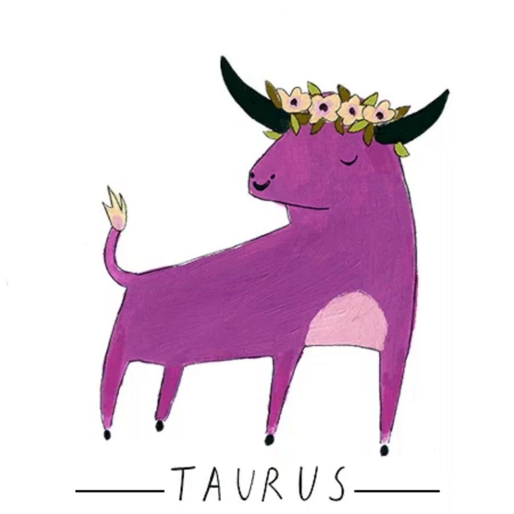 a purple taurus wearing a flower crown with stars on its horns